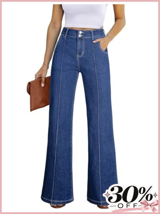 Denim - Wide Leg High Waisted Stretch Denim Jeans Loose Fit Full Length